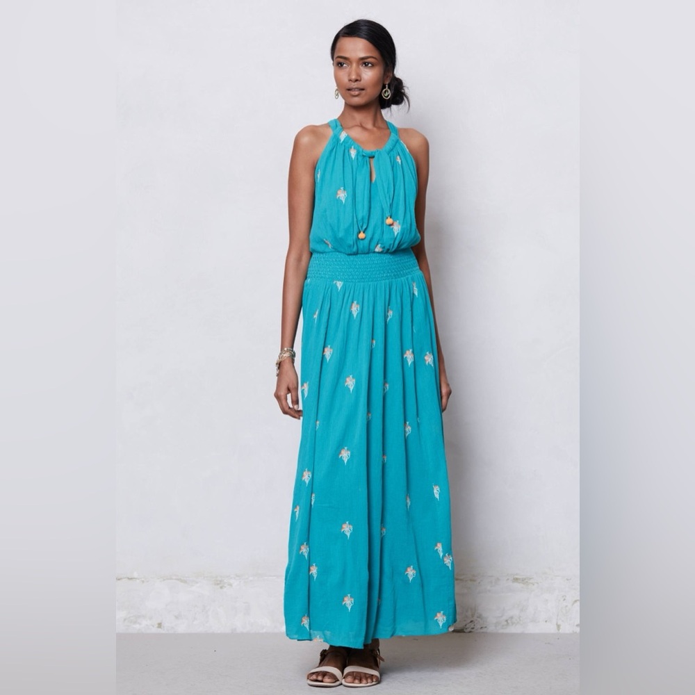 Anthropologie Floreat Skyscape Maxi Dress Embroidered Cotton Turquoise Size US 0